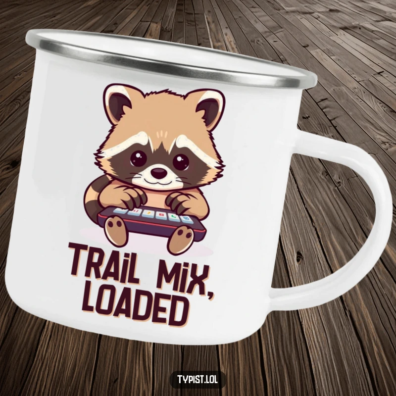 Funny raccoon camping mug featuring a busy raccoon typing with multiple paws, perfect for enjoying drinks on the go with humor.