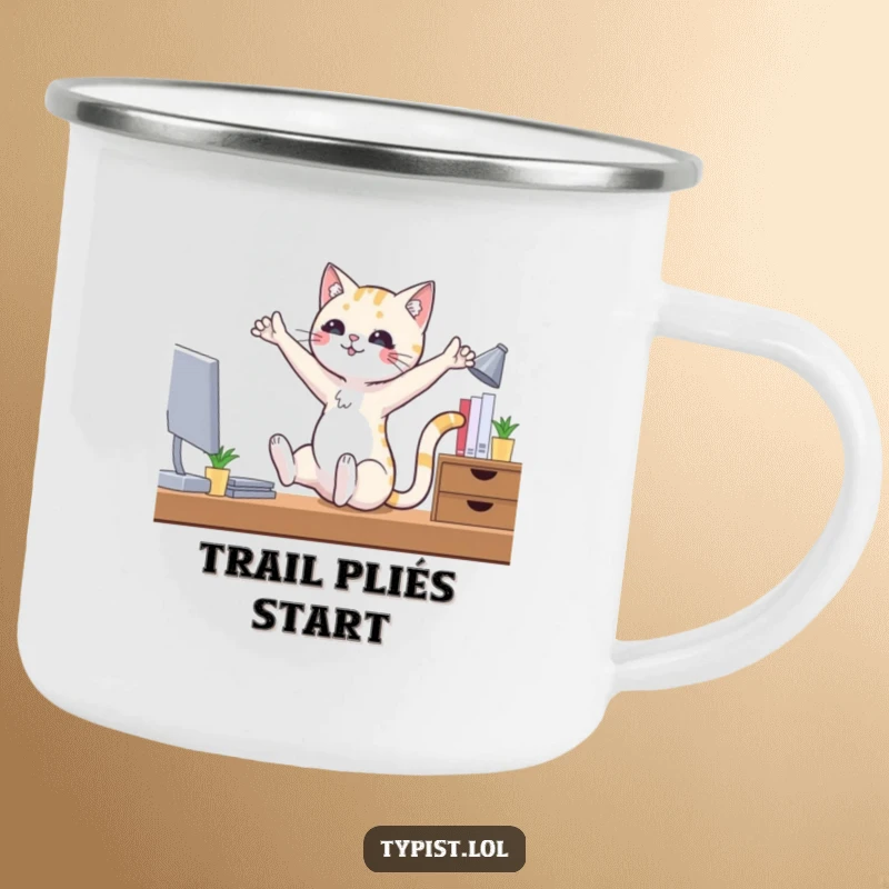 Funny ballet cat camping mug featuring a cat in ballet poses at a desk, perfect for outdoor sipping and chuckles.