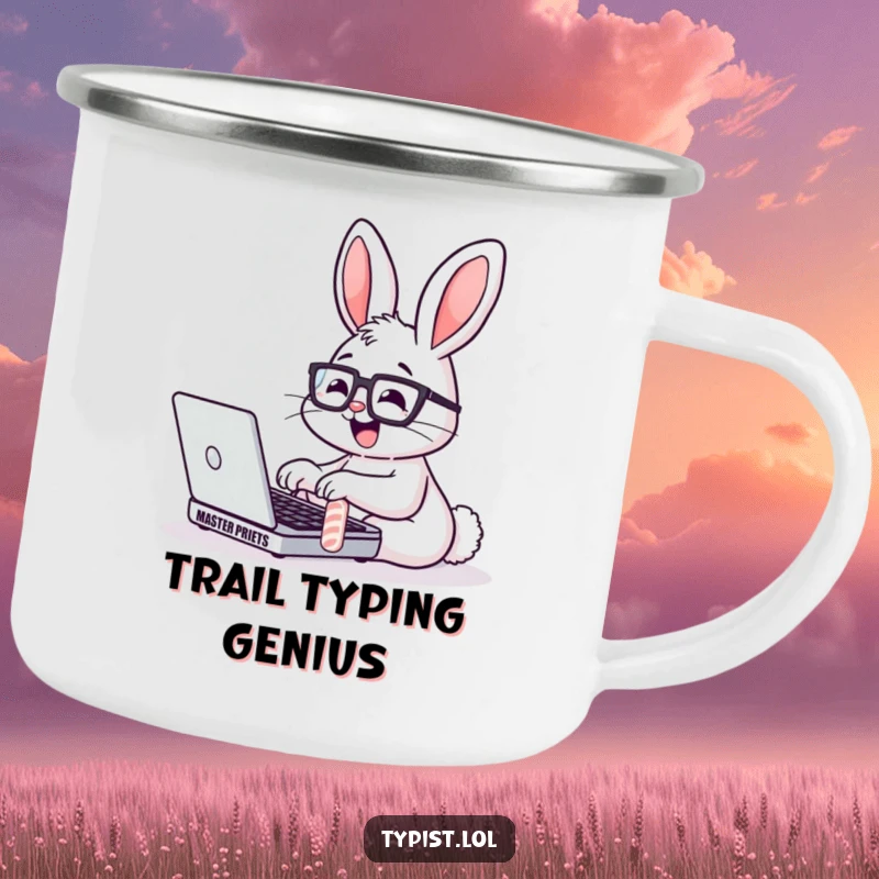 Funny Bunny Glasses Laptop Camping Mug: A bunny with glasses types fast outdoors. Durable and humorous drinkware.