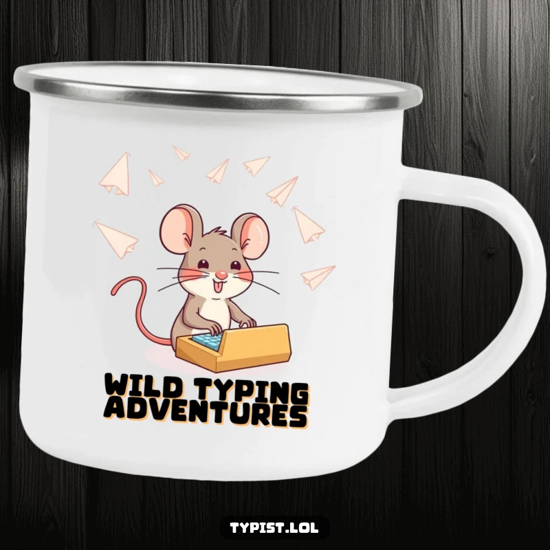 Funny brave mouse typing through paper airplanes, durable camping mug, humorous outdoor accessory, adventure-ready.