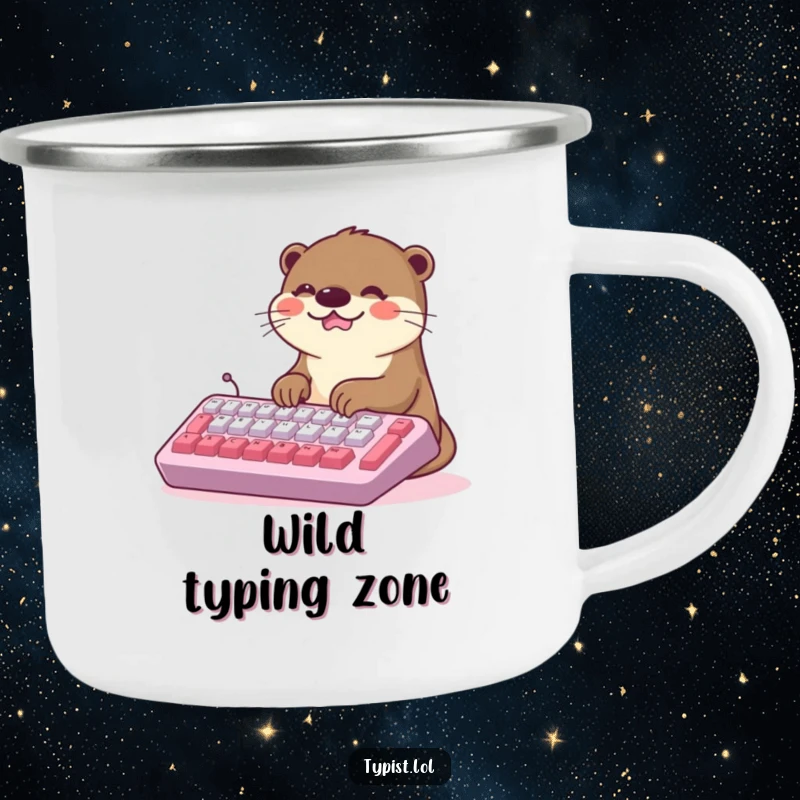 Funny Kawaii Otter Camping Mug: A smiling otter types on a giant keyboard during an outdoor adventure. Durable and humorous drinkware.