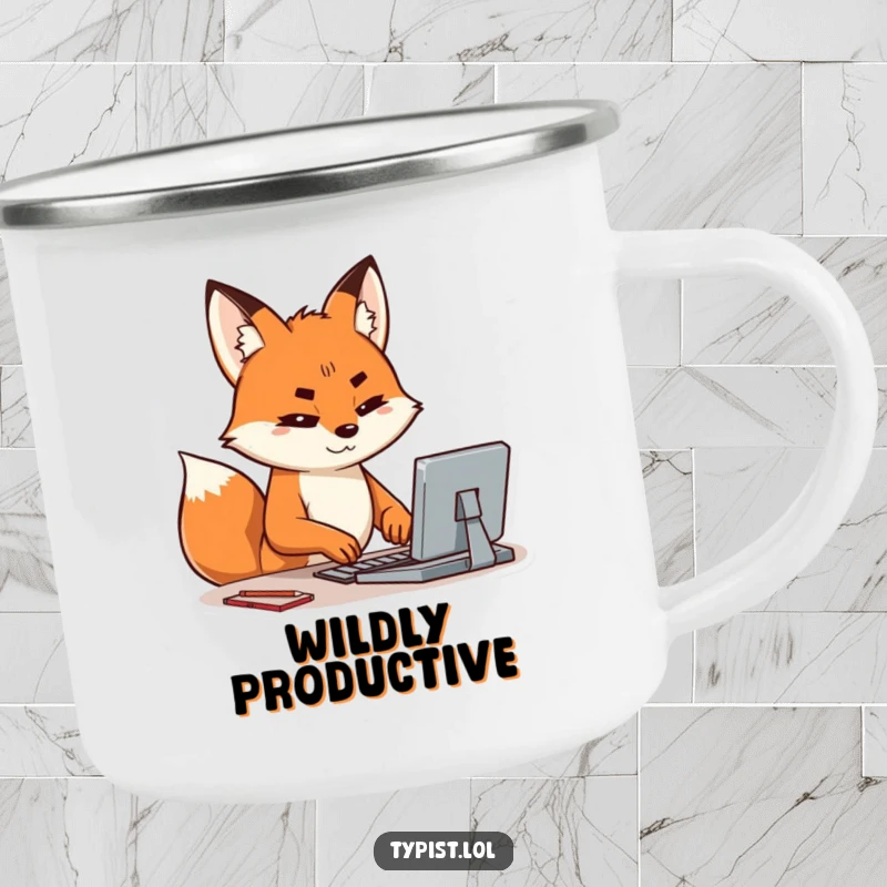 Funny camping mug showing a happy fox intently typing, brow furrowed in concentration, perfect for thinkers on the go.