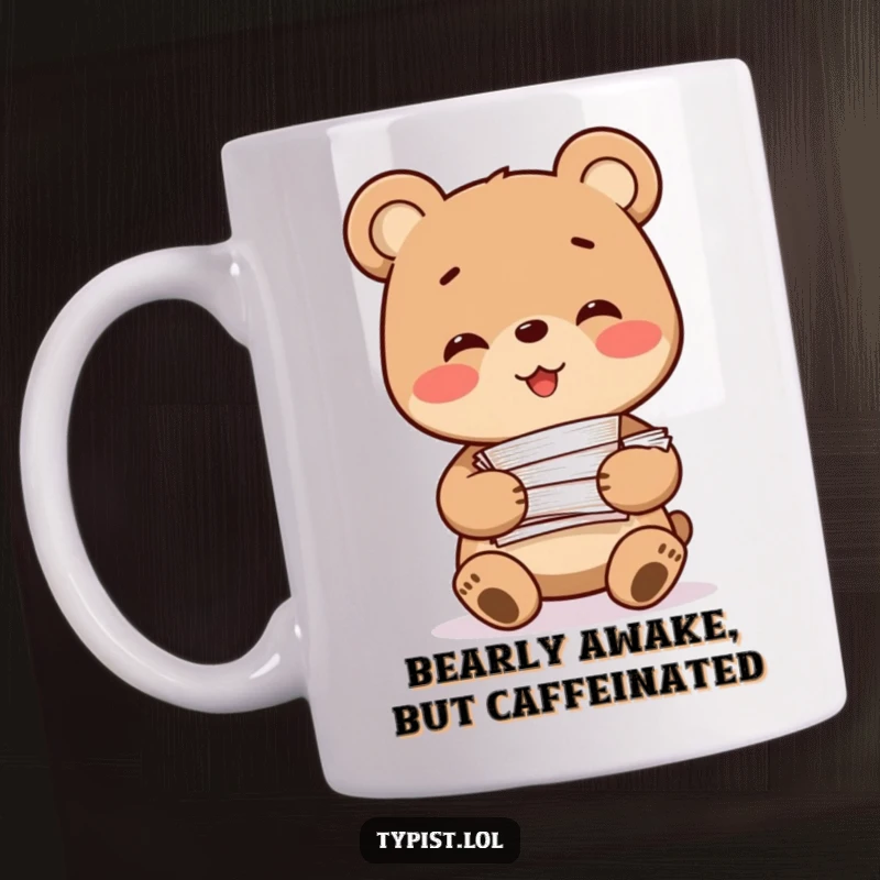 Funny Bear Mug: A smiling bear character beams while holding a huge stack of papers, representing office humor and a funny gift.