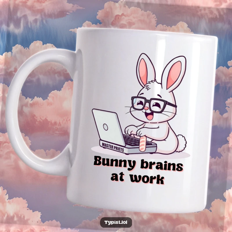 Funny Bunny Glasses Laptop Mug: A joyful bunny wearing glasses types furiously on a laptop, looking smart and happy. Great gift.