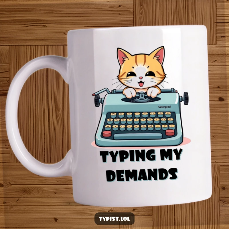 Funny cat writer mug, a determined cat enthusiastically typing on a giant typewriter with oversized keys, looking focused.