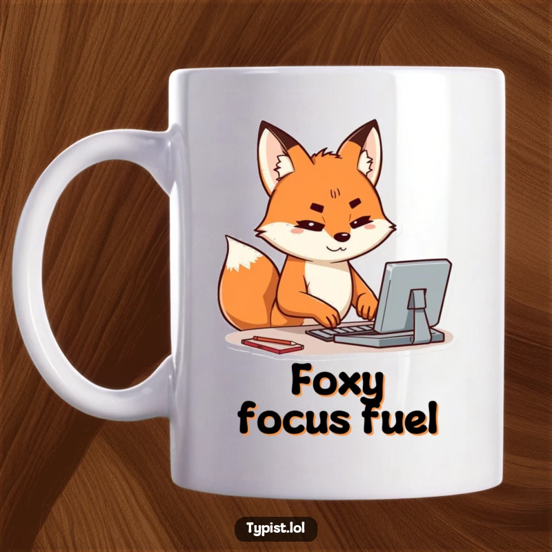 Funny mug featuring a happy fox typing with intense concentration, one brow furrowed, embodying brilliant focus and wit.