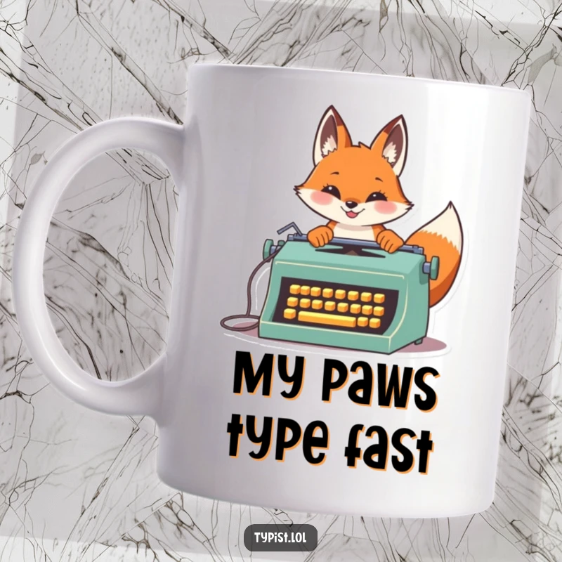 Funny Fox Typist Mug: A proud fox rapidly types on a vintage typewriter, showcasing exceptional speed and focus, a humorous gift for fast writers.