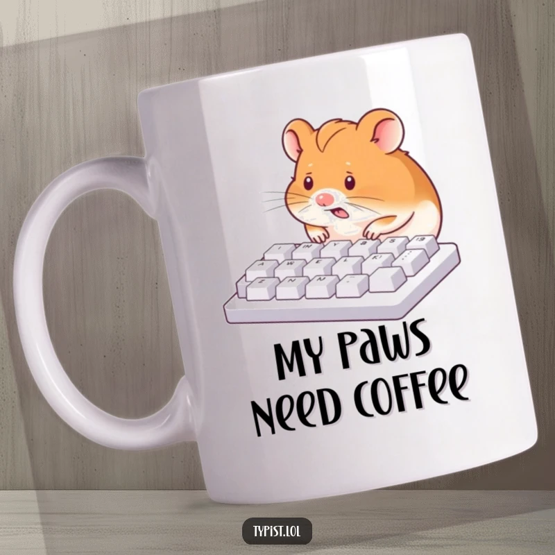 Funny mug featuring a hyperactive hamster nose-pecking a computer keyboard with intense focus, symbolizing work overload.