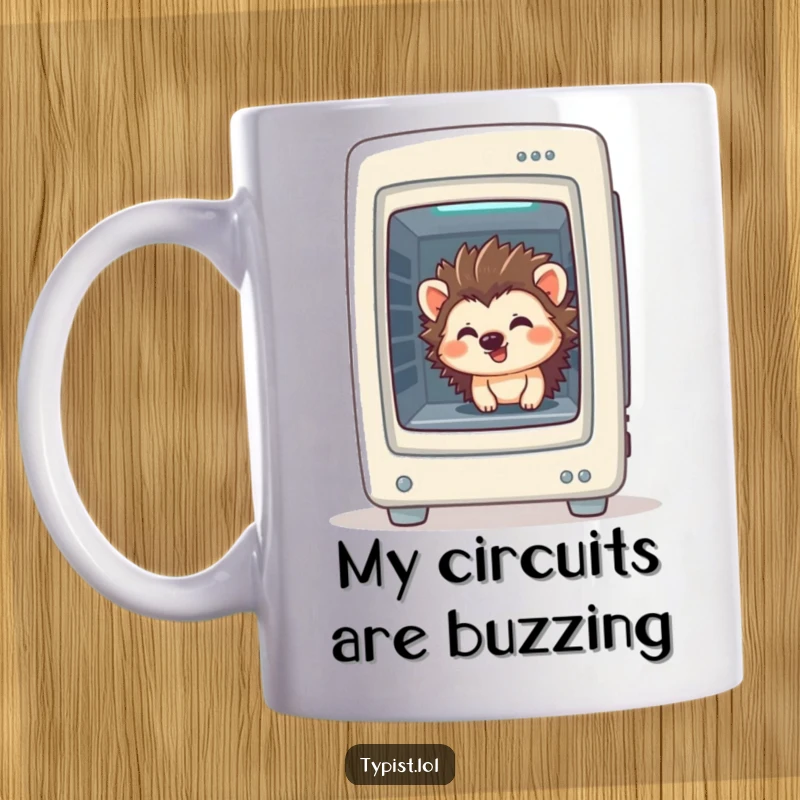 Funny Hedgehog Tech Mug: A giggling hedgehog peeks from a computer tower, embodying playful tech humor, perfect funny gift.