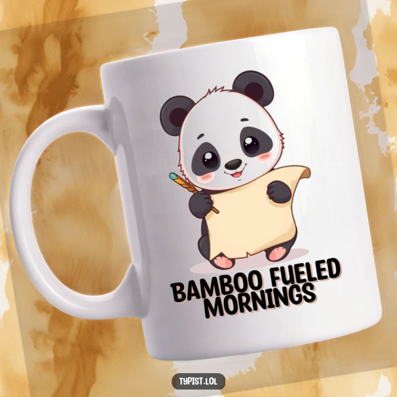 Funny Panda Quill Mug: A giggling panda joyfully scribbles on a scroll with a quill pen. Great artistic gift.
