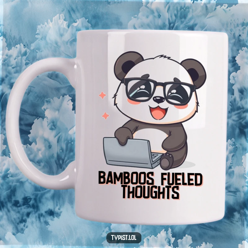 Funny determined panda wearing glasses, typing rapidly with a joyful expression, perfect for scholars and animal lovers.