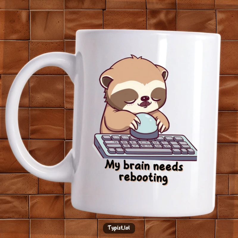 Funny sloth mug, sleepy animal slowly pressing a large keyboard button with one paw.