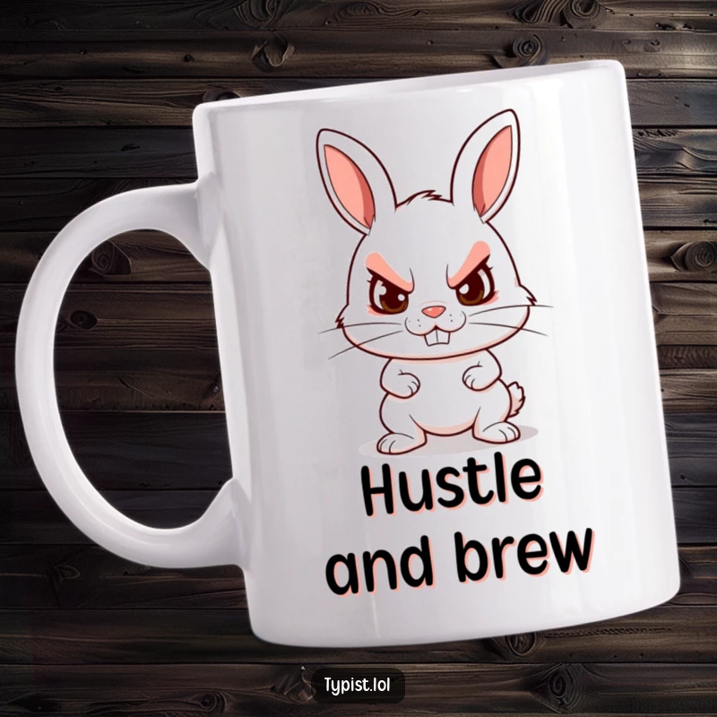 Funny mug featuring a determined rabbit character typing furiously with a focused, grinning expression, embodying intense productivity.