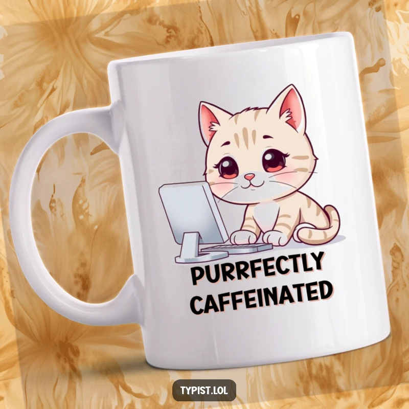 Funny mug showing a smiling cat intently staring at a glowing computer screen, embodying feline focus and digital obsession.