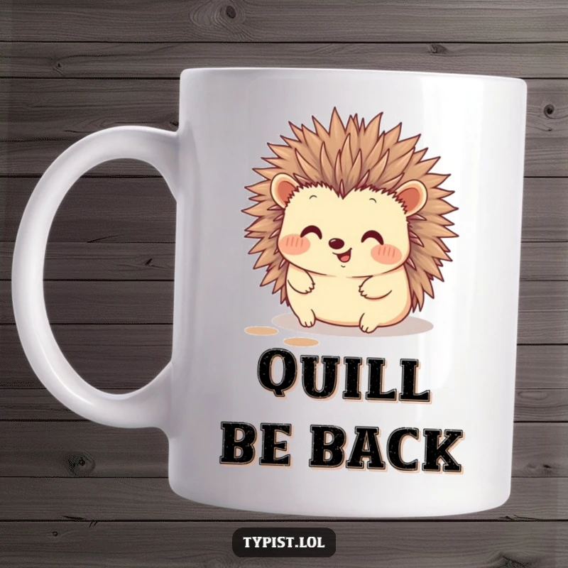 Funny hedgehog mug showing a happy hedgehog typing with its quills, leaving ink splatters, a delightful artful scene.