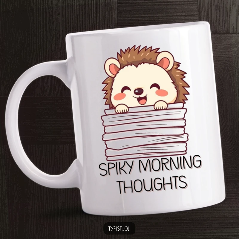 Funny happy hedgehog peeking over a tall stack of papers, cute and humorous mug, perfect for office humor.