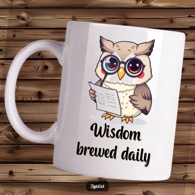 Funny Owl Mug: A curious owl wearing a monocle intently reads a document, symbolizing wisdom and wit, a perfect funny gift.