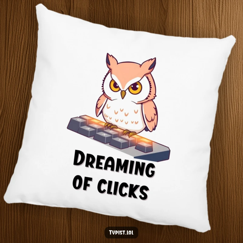 Funny Pillow showing a determined owl pecking at illuminated keyboard keys, designed for comfort and adding a humorous touch of focus.