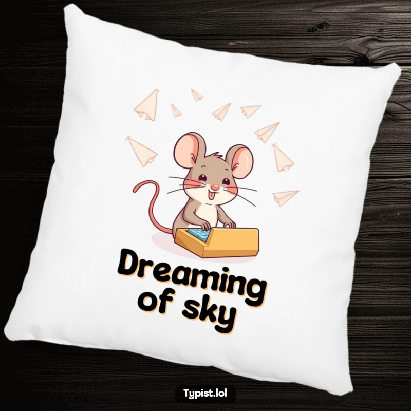 Funny brave mouse typing amidst falling paper airplanes, cute accent pillow, humorous and comforting home decor.