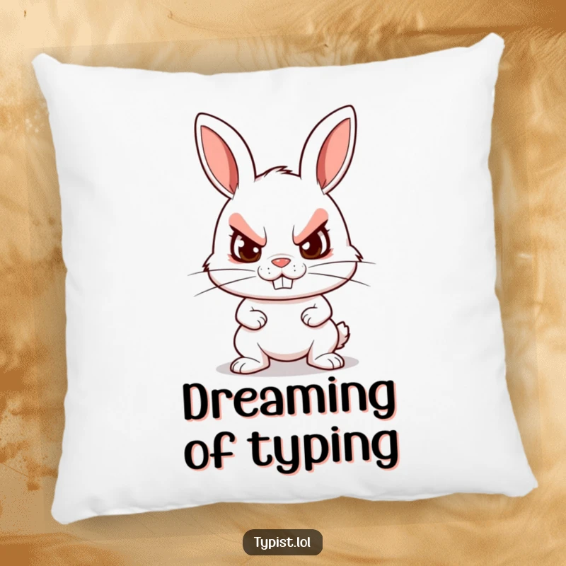 Funny pillow featuring a determined rabbit character typing furiously with a grin, perfect for comfort and humorous motivation.