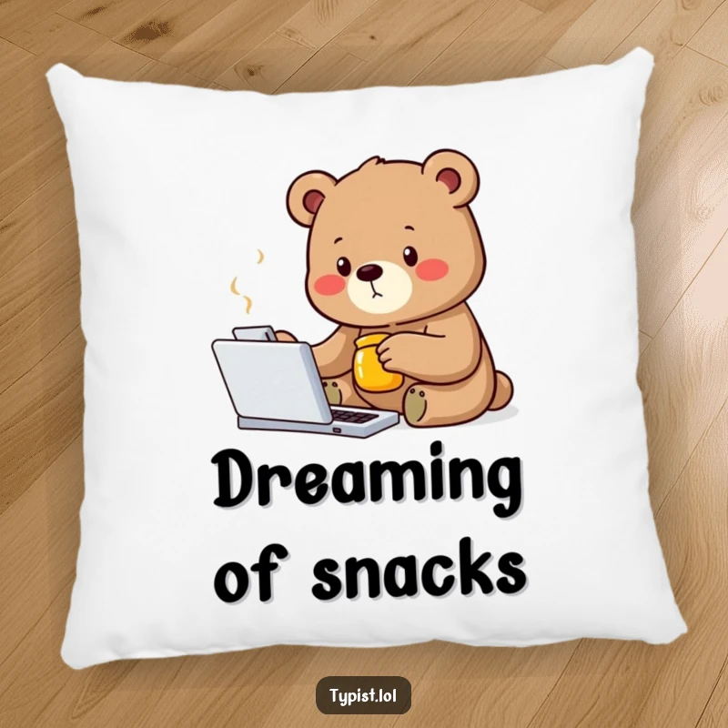 Funny bear pillow featuring a determined bear typing with one paw while holding a honey jar, adding humor to relaxation.