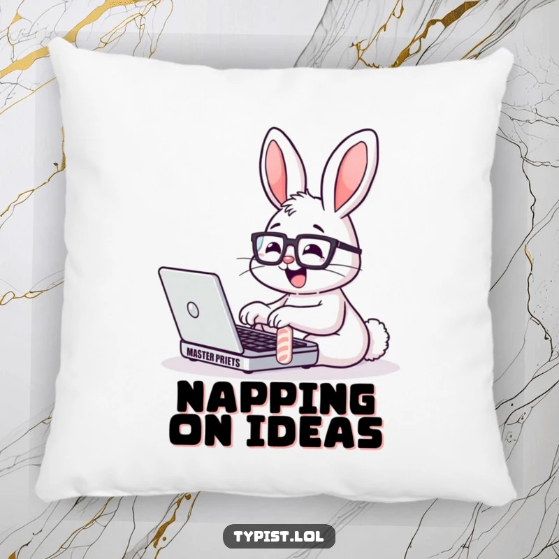 Funny Bunny Glasses Laptop Pillow: A bunny with glasses types fast on a laptop. Soft, cute, and humorous.