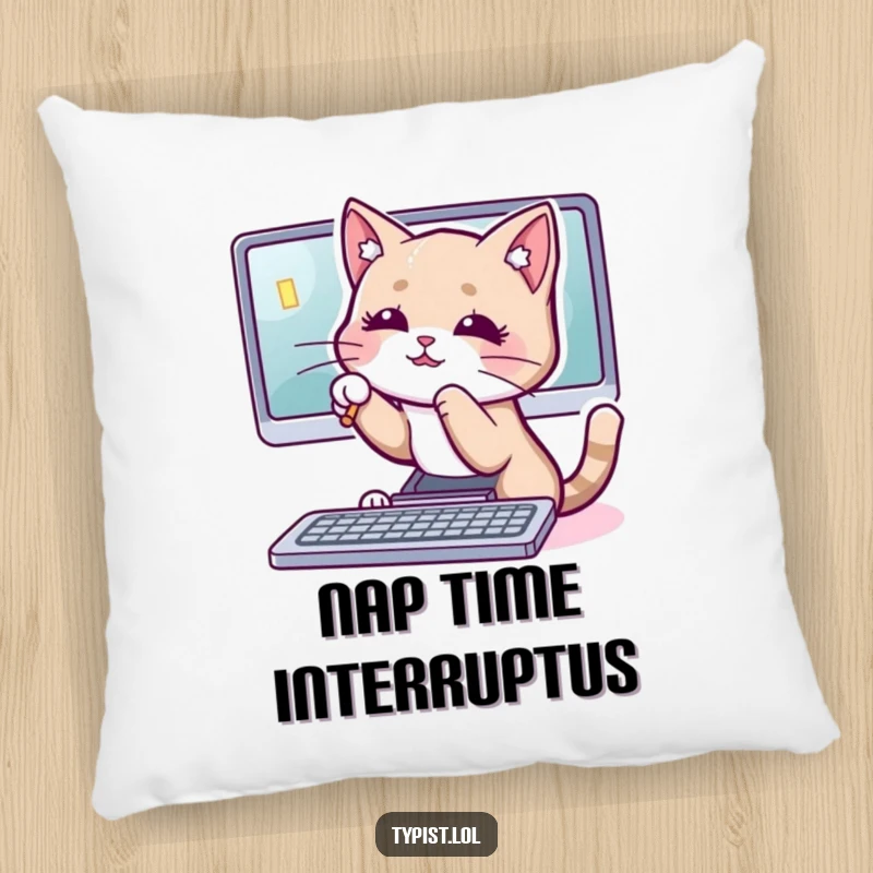 Funny cat pillow featuring a playful cat batting at a computer cursor, adding humorous feline vibes to decor.