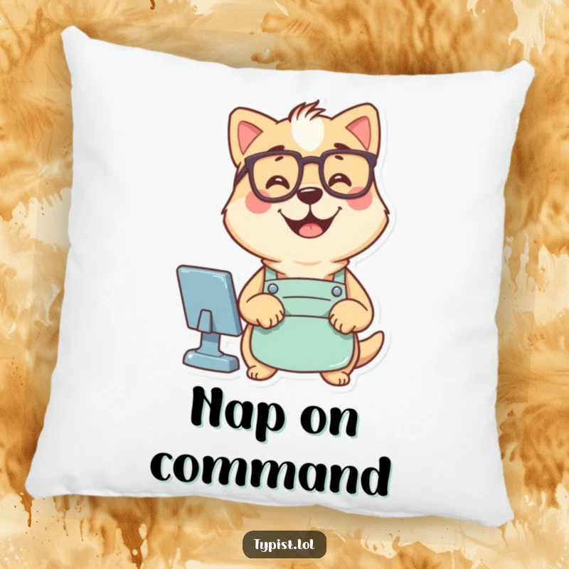 Funny pillow featuring a smiling dog wearing glasses and an apron, typing commands, adding intellectual humor to decor.