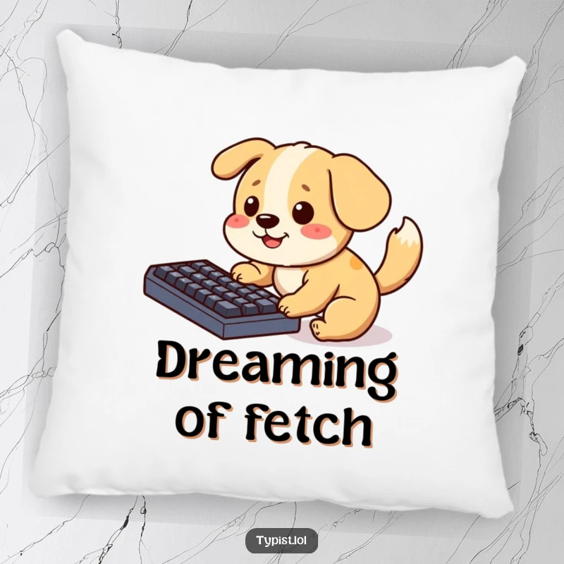 Funny Pillow featuring a playful dog pecking at a keyboard, tail wagging, offering comfort and a humorous touch to any seating area.