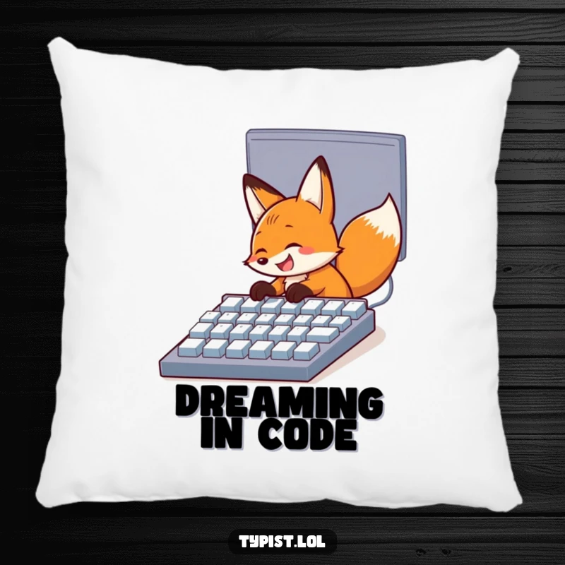 Funny pillow featuring a happy fox with a grin, typing on a giant computer keyboard, perfect for adding cozy tech humor.