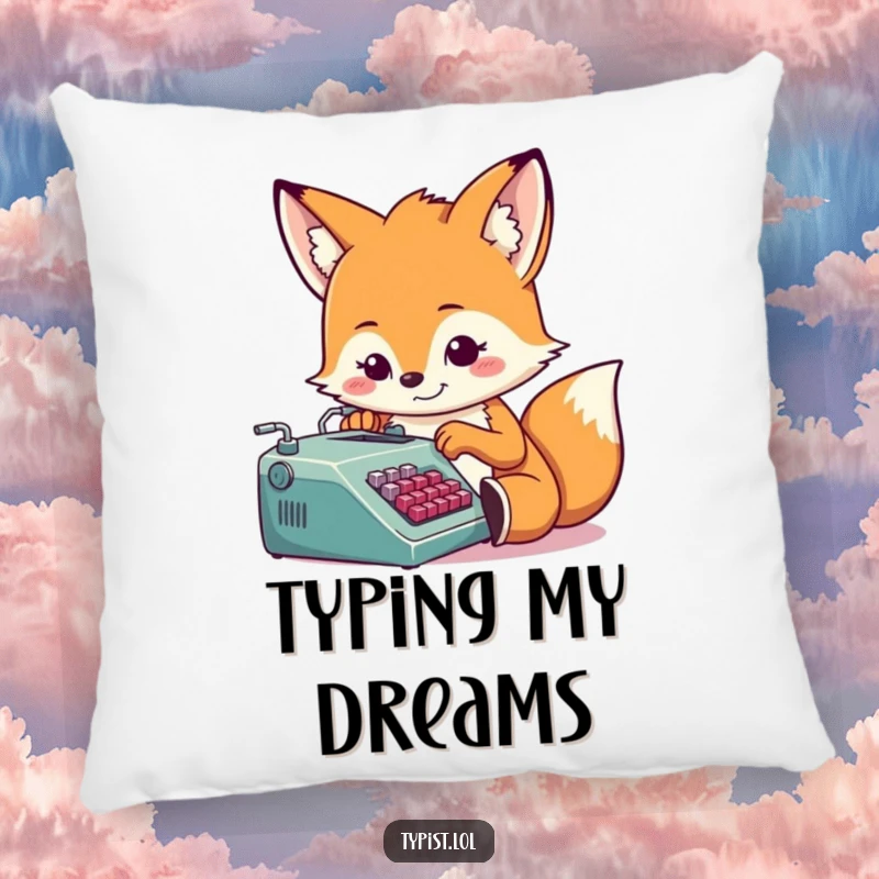 Funny fox typing on a miniature typewriter, accent pillow, cute and humorous home decor, soft and cuddly.