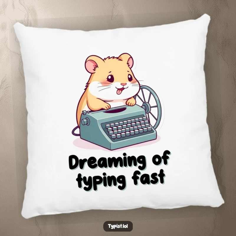 Funny Hamster Pillow: A determined hamster spins its wheel connected to a typewriter, offering cozy comfort and humorous motivation.