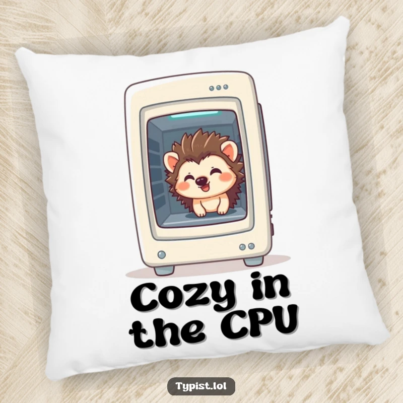 Funny Hedgehog Pillow: A giggling hedgehog peeks from a computer tower, a soft and humorous accent pillow, great funny gift.