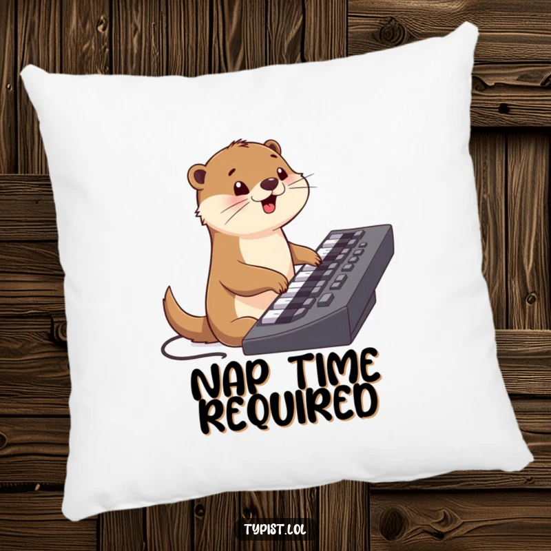 Funny pillow featuring a cheerful otter character typing on a keyboard, perfect for adding humor and comfort to any space.