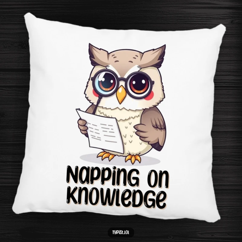 Funny Owl Pillow: A curious owl wearing a monocle reads a document, offering cozy comfort and witty, intellectual humor.