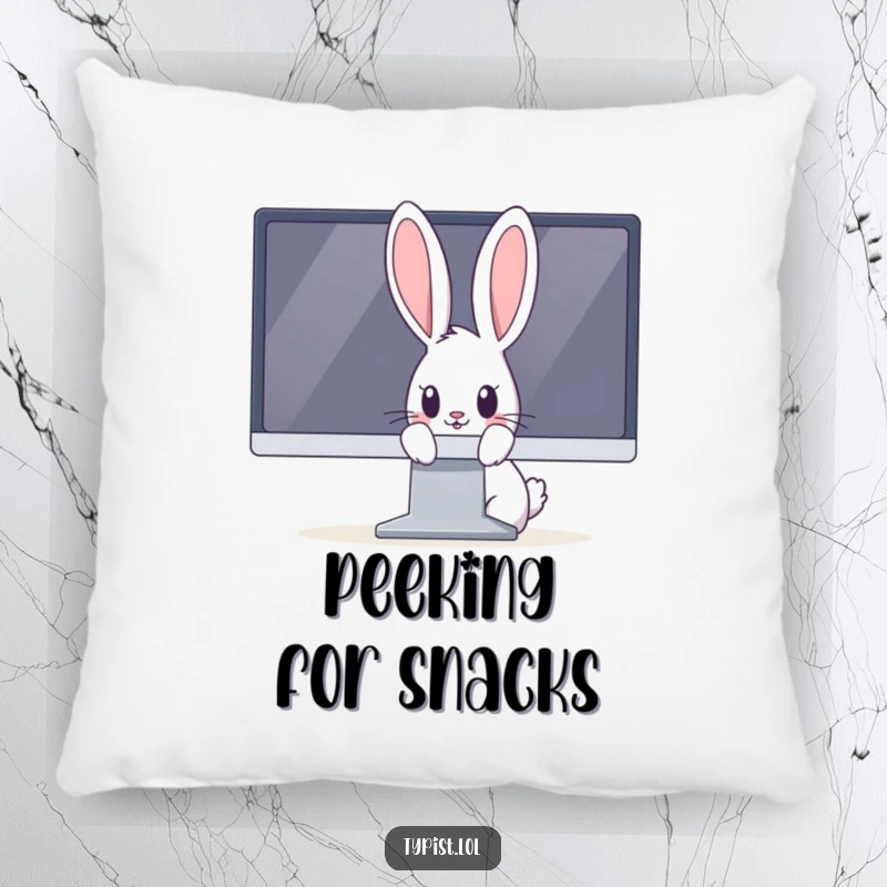 Funny rabbit pillow with a curious bunny peeking out from behind a large computer monitor, looking adorable.