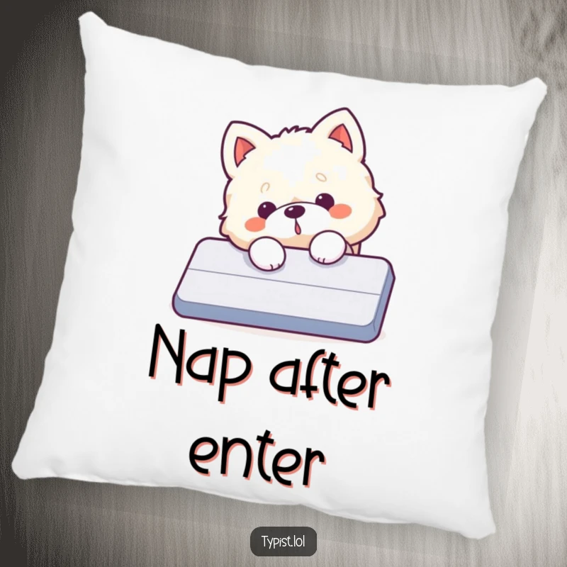 Funny dog pillow, a fluffy dog accidentally presses a giant enter key, offering comfort and humor.