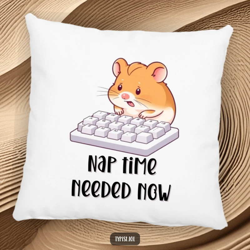 Funny pillow with a hyperactive hamster enthusiastically pecking a keyboard with its nose, bringing humor to home decor.