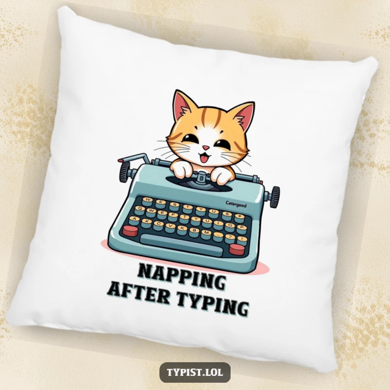 Funny cat pillow, a determined cat typing on a giant typewriter with oversized keys, making a cozy accent.