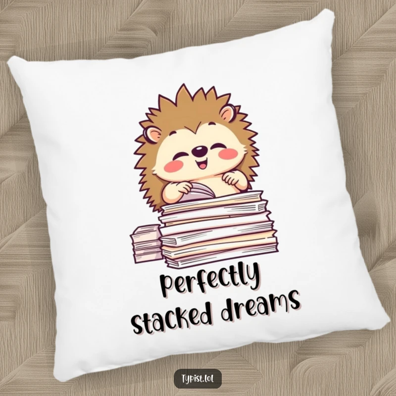 Funny pillow featuring a happy hedgehog character meticulously organizing stacks of paper, bringing cozy humor.
