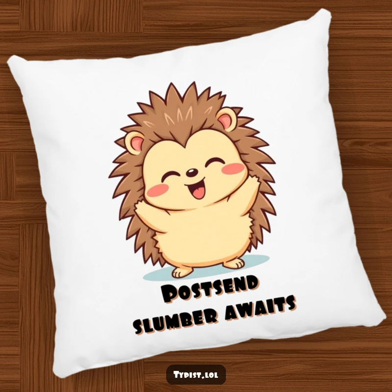 Funny pillow featuring a happy hedgehog with a triumphant expression after hitting send, perfect for comfort.