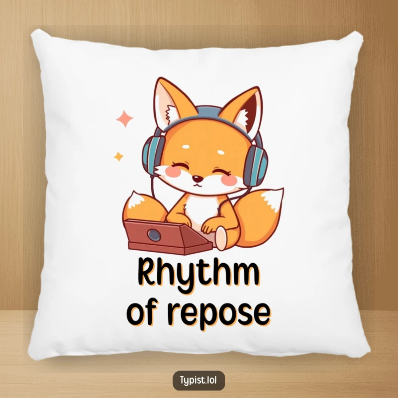 Funny pillow featuring a cute fox character wearing headphones and bopping its head while typing, perfect for comfort and humor.