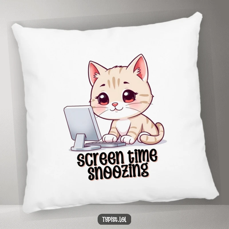 Funny pillow featuring a smiling cat intently staring at a computer screen, offering comfortable and humorous decor for digital enthusiasts.
