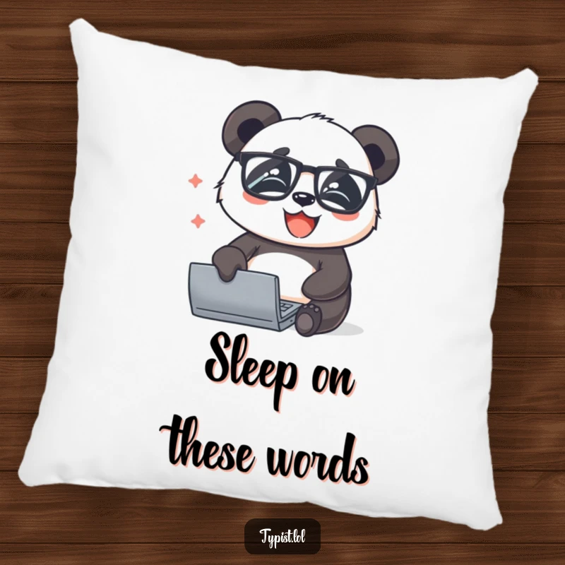 Funny panda wearing glasses typing with joy, a soft and humorous accent pillow for study spaces and cozy nooks.