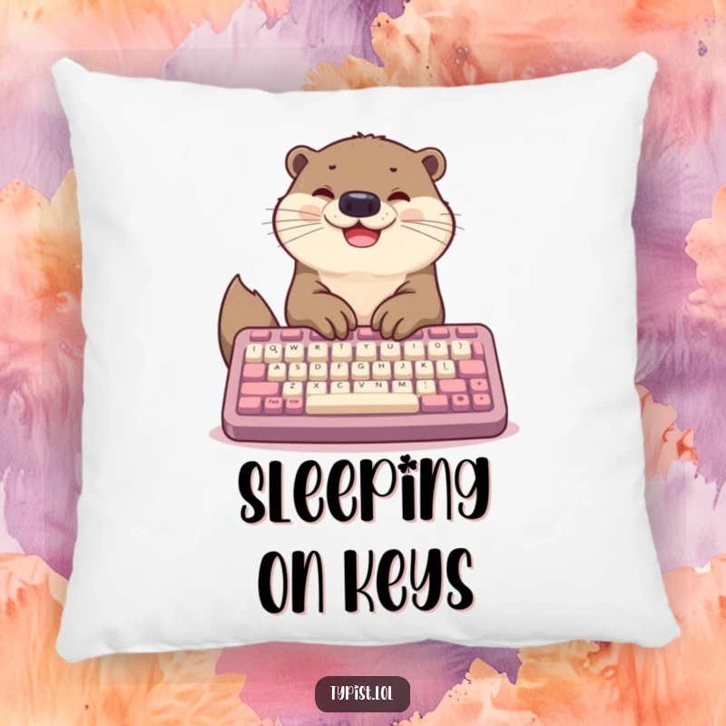Funny plush pillow of a happy otter typing on a giant keyboard, perfect for adding a cute and comfy element to any room.