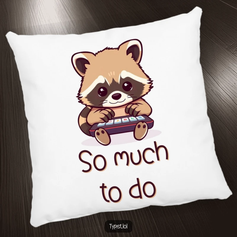 Funny raccoon pillow featuring a busy raccoon typing with multiple paws, offering cozy comfort and a humorous, productive vibe.