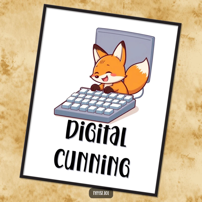 Funny digital art print of a happy fox with a grin, pecking at a giant computer keyboard, offering downloadable tech humor.