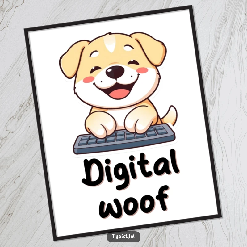 Funny dog digital art print featuring a happy dog smiling while typing on a computer, perfect for wall decor.