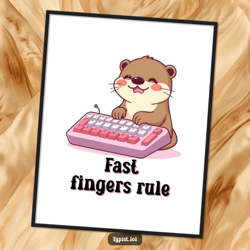 Funny Kawaii Otter Digital Art: A joyful otter types rapidly on an oversized keyboard, bringing smiles. Instant printable humor.