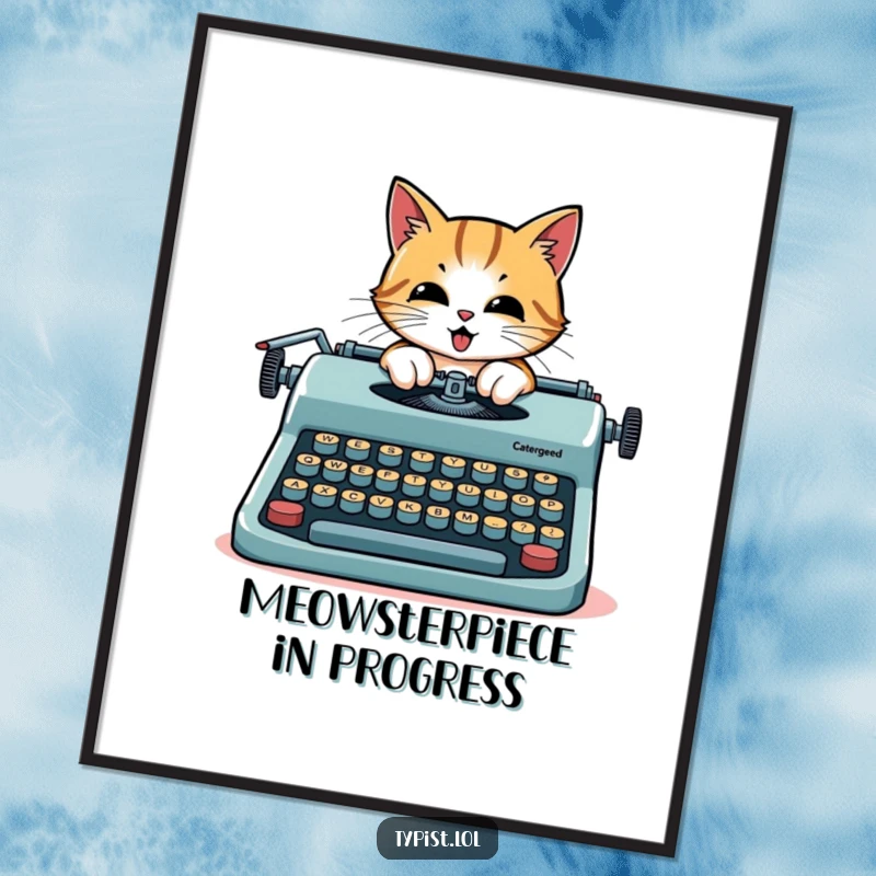 Funny cat digital art print, a determined cat typing on a giant typewriter with oversized keys, a humorous literary scene.